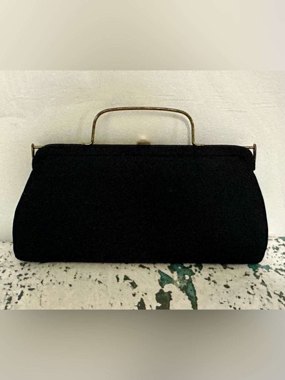 Vintage Leather-Lined Classic Black Top-Handle Evening Clutch